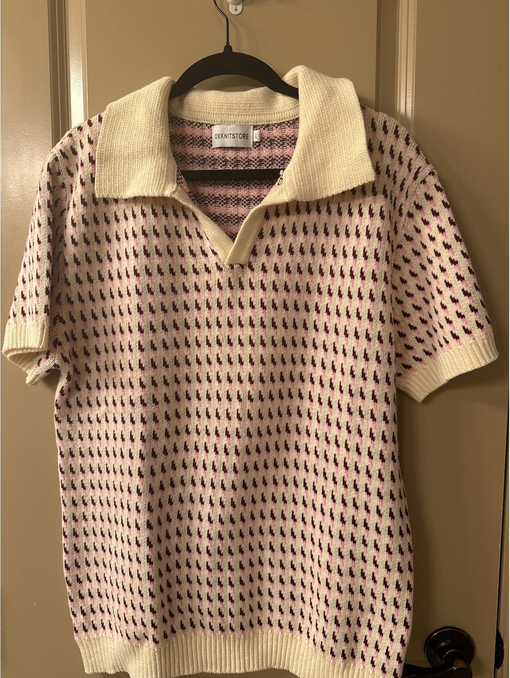 Vintage OXKNITSTORE Short Sleeve Knit Polo Sweater with Patterned Design